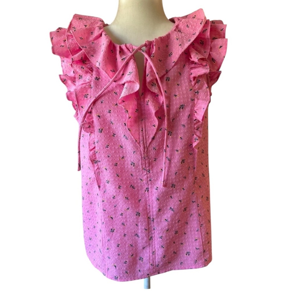 Loft Womens Pink w Blue Flowers Cap Sleeveless Top Size Small